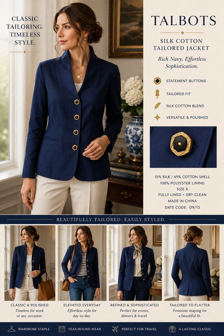 Talbots Navy Silk Cotton Tailored Blazer Jacket Gold Buttons Sz 6 Academia EUC